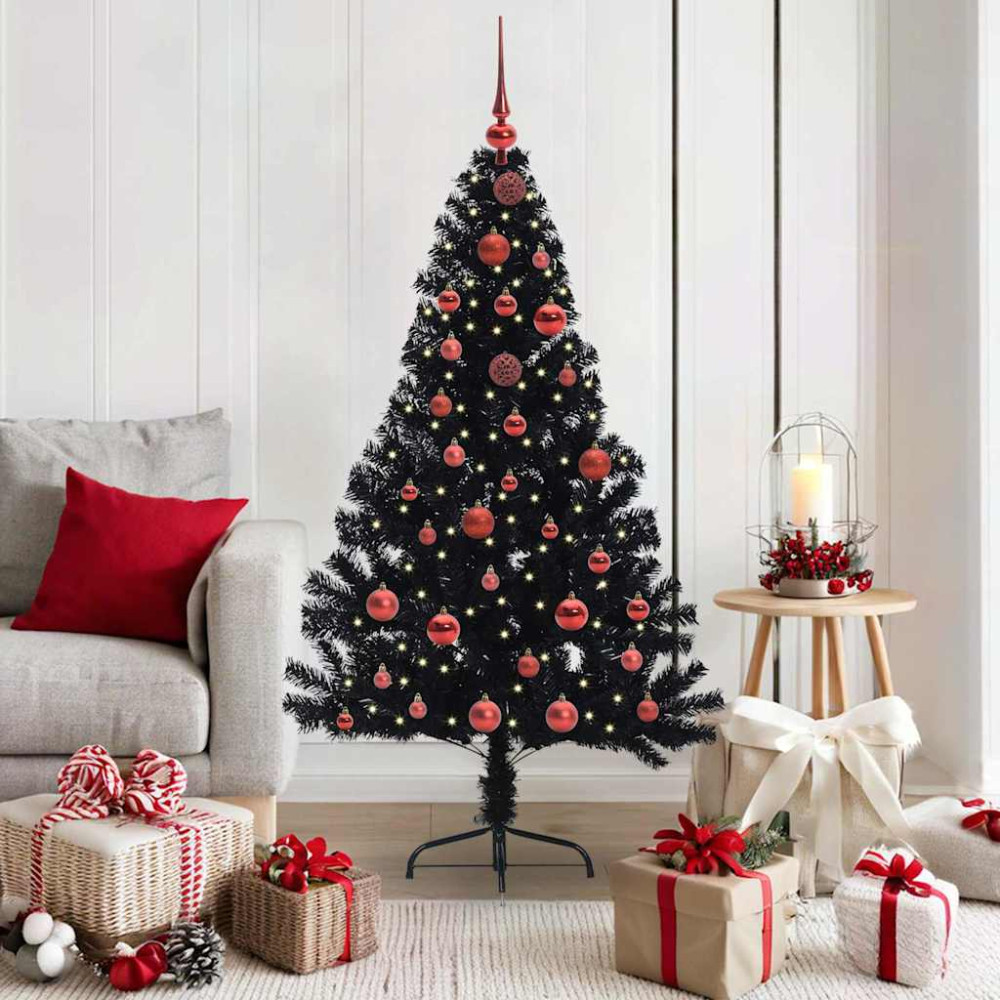Produktbild för Konstgjord Förbelyst Julgran Svart 150 cm PVC