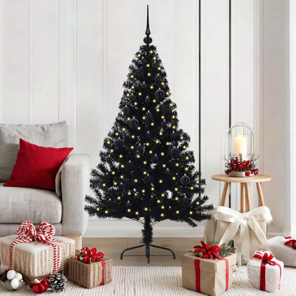 Produktbild för Konstgjord Förbelyst Julgran Svart 150 cm PVC