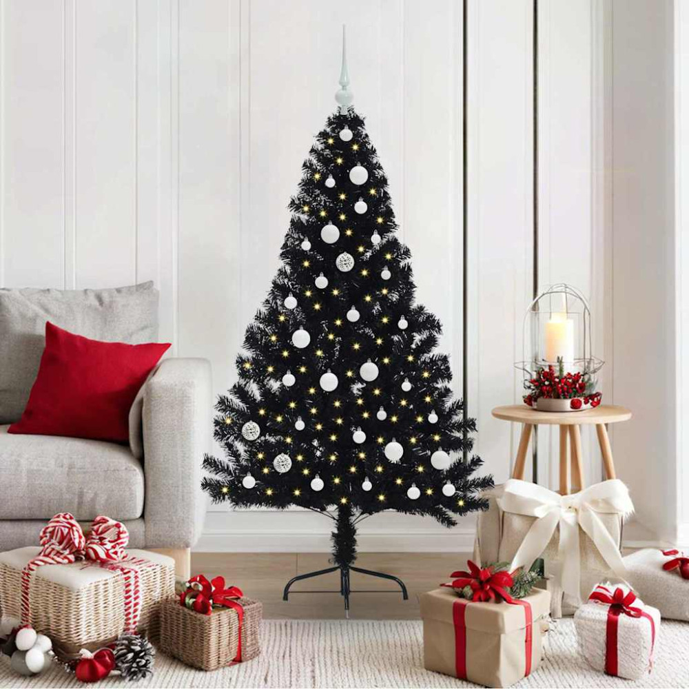 Produktbild för Konstgjord Förbelyst Julgran Svart 150 cm PVC