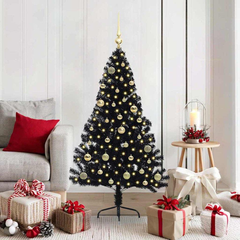 Produktbild för Konstgjord Förbelyst Julgran Svart 150 cm PVC