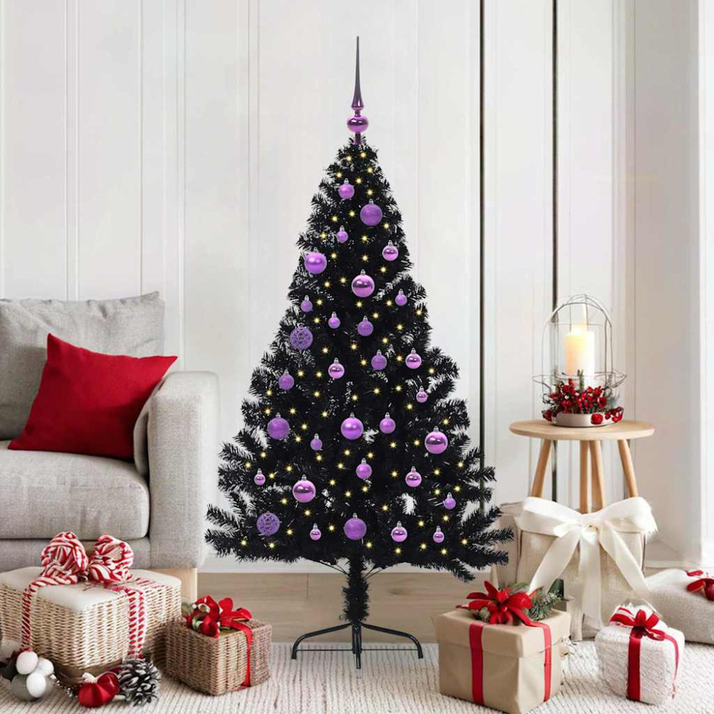 Produktbild för Konstgjord Förbelyst Julgran Svart 150 cm PVC