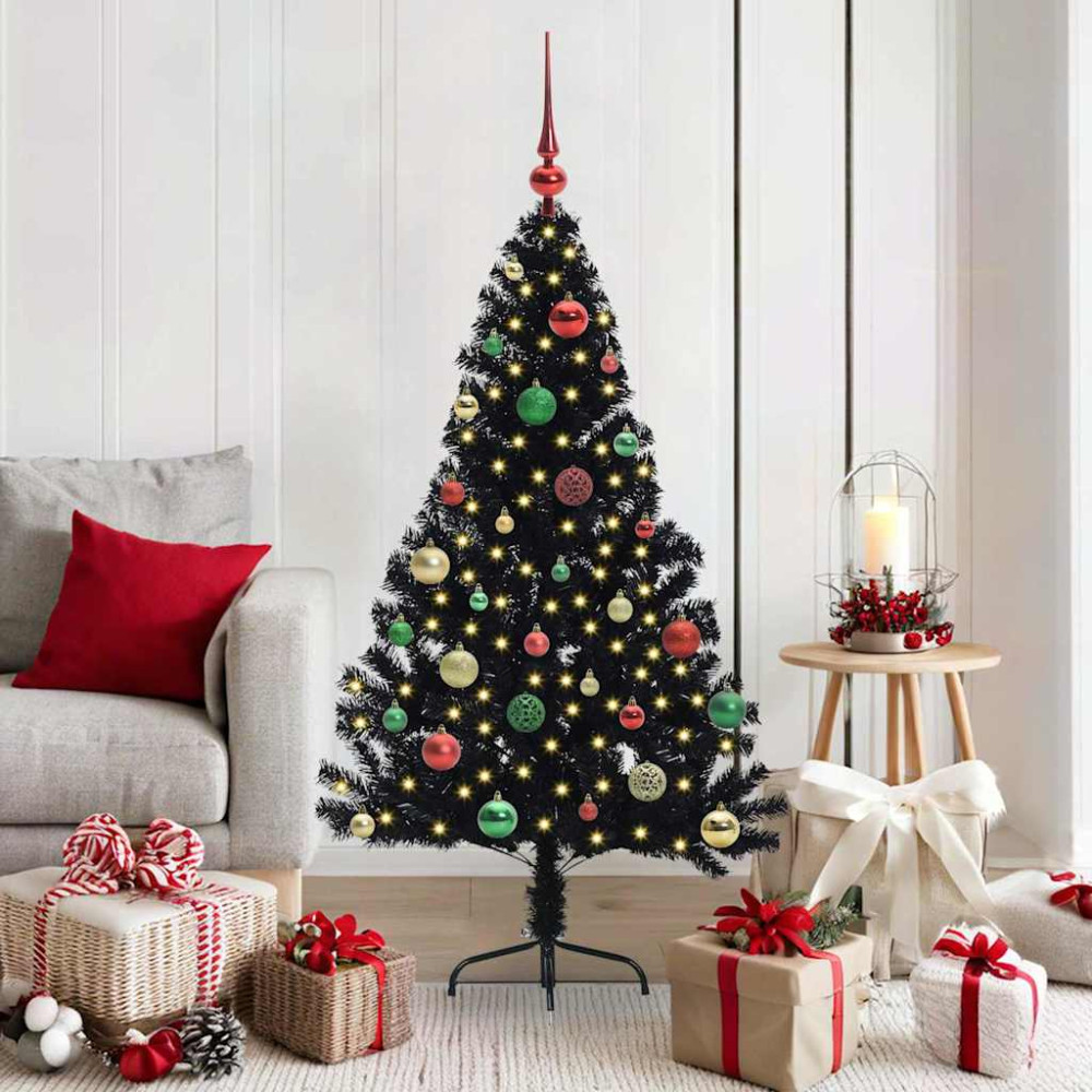Produktbild för Konstgjord Förbelyst Julgran Svart 150 cm PVC