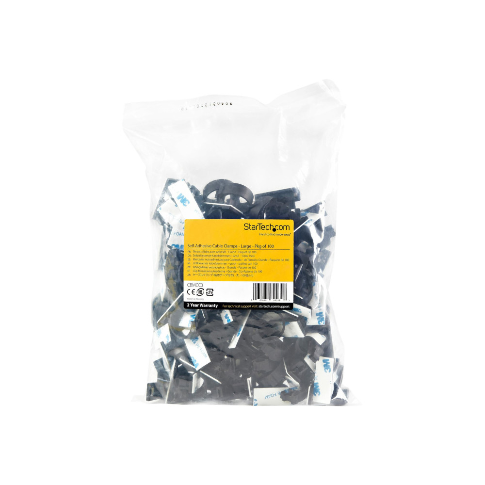 Produktbild för StarTech.com 100 självhäftande kabelhanteringsclips Svart - Nätverk/Ethernet/kontorsbord/datorsladdorganiserare - Självfästande kabel-/ledningshållare - Självhäftande nylonklämma brandklassad enligt UL/94V-2 - kabelklämmor - TAA-kompatibel