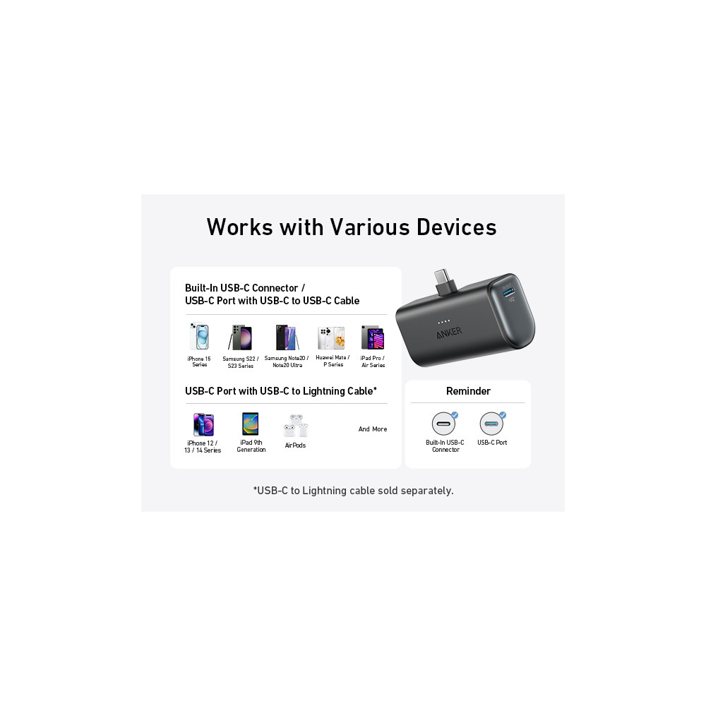 Produktbild för Anker Nano strömförsörjningsbank - 24 pin USB-C - 22.5 Watt