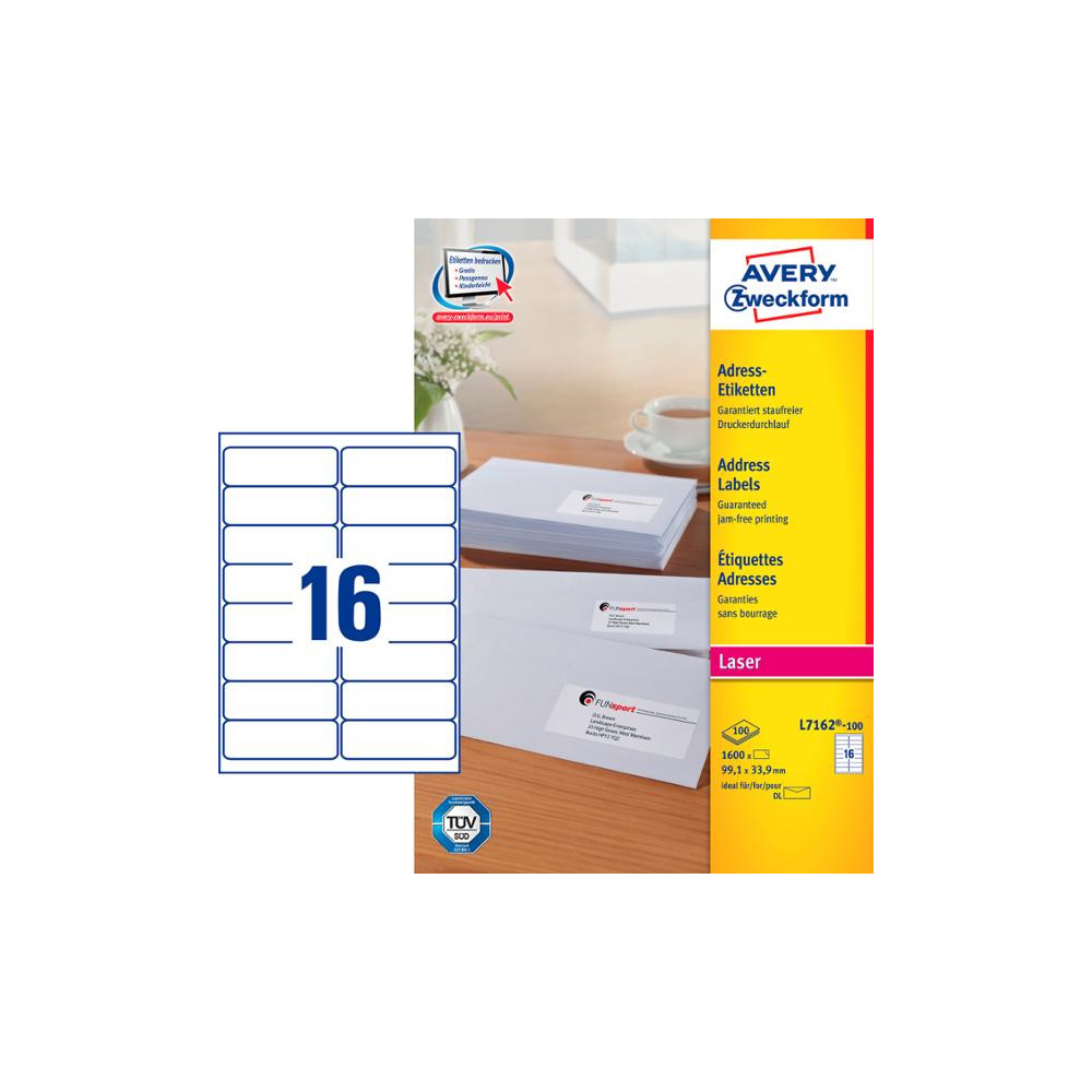 Produktbild för Adressetiketter, Avery L7162-100, 99,1 x 33,9 mm, 16 st per...
