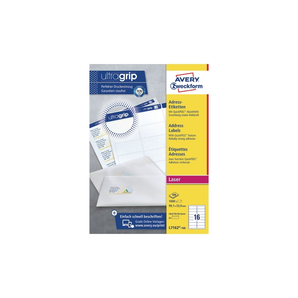 Produktbild för Adressetiketter, Avery L7162-100, 99,1 x 33,9 mm, 16 st per...