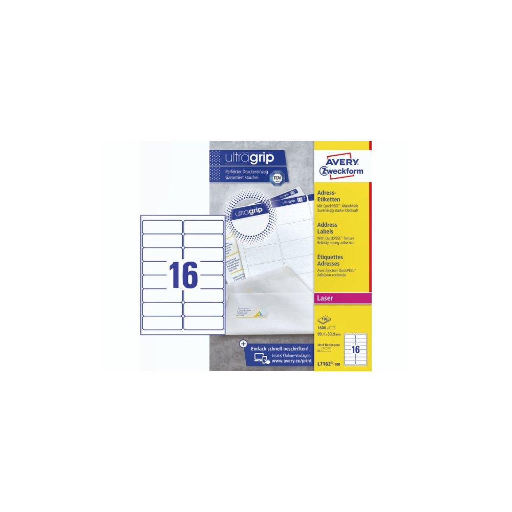 Produktbild för Adressetiketter, Avery L7162-100, 99,1 x 33,9 mm, 16 st per...