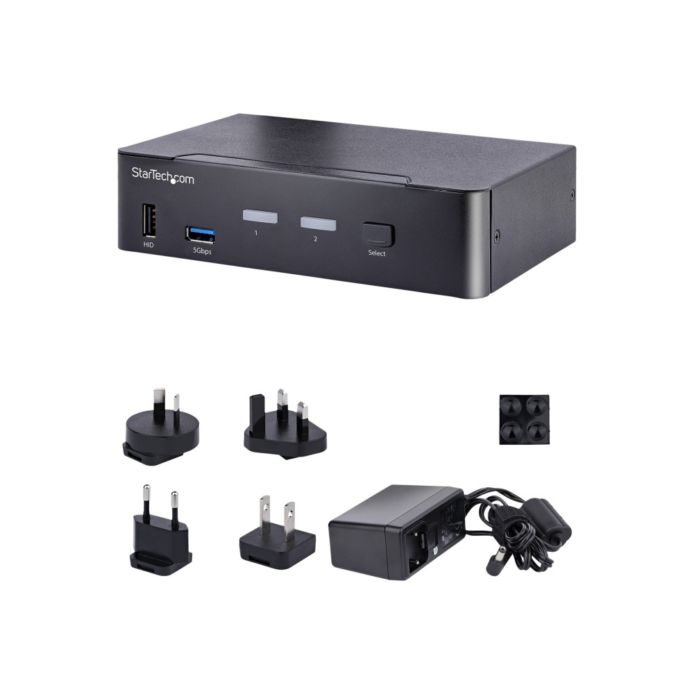 Produktbild för StarTech.com USB C KVM Switch, 2 Port DisplayPort KVM w/ 4K 60Hz UHD HDR Video, 3.5mm Audio, USB Type C KVM Switch, 4x USB HID and 2x USB A 3.2 Gen 1 5Gbps Hub, Thunderbolt 3/4 Compatible - Hot Key Switching (SV231DPUCA) - omkopplare för tangentbord/video