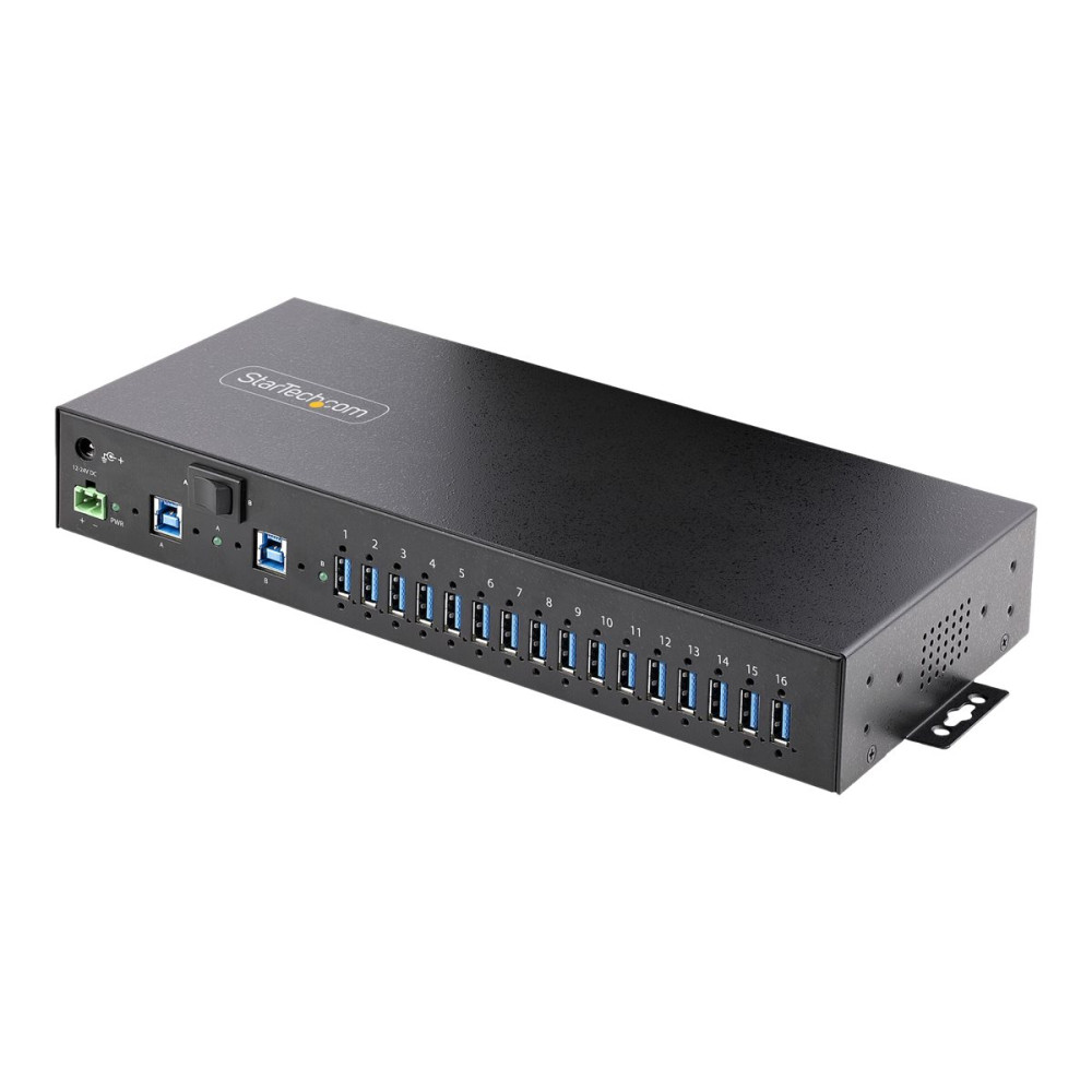 Produktbild för StarTech.com 16-Port Industrial USB 3.0 Hub 5Gbps, Metal, DIN/Surface/Rack Mountable, ESD Protection, Terminal Block Power, up to 120W Shared USB Charging, Dual-Host Hub/Switch (5G16AINDS-USB-A-HUB) - hubb - industriell - 16 portar - rackmonterbar