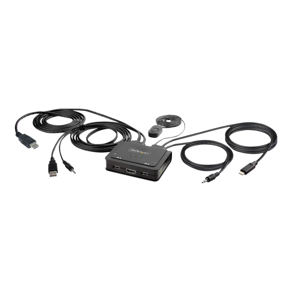 Produktbild för StarTech.com 2-Port Hybrid USB-C HDMI Cable KVM Switch, 4K 60Hz, Compact KVM with 6ft/1.8m USB-A/HDMI/Audio & 4ft/1.2m USB-C Integrated Host Cables, Bus Powered - Remote Push Button/Hotkey Switching (C2-H46-UAC-CBL-KVM) - omkopplare för tangentbord/video/