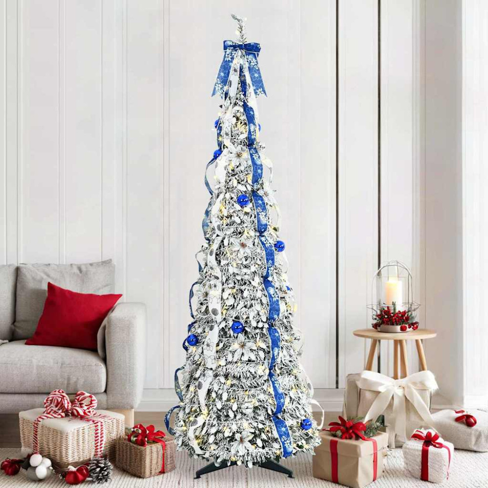 Produktbild för Konstgjord julgran med 200 LED-lampor med stativ Vit 210 cm PVC