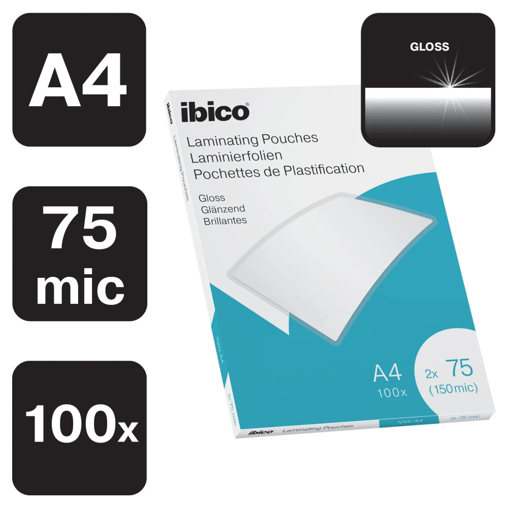 Produktbild för Ibico glansigt A4-laminat 150 mikron, Glansigt, Transparent,...