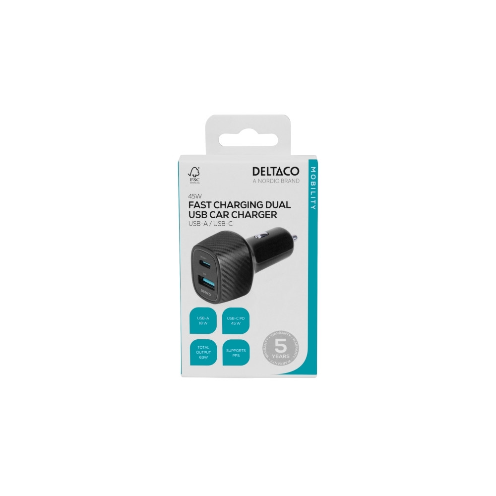 Produktbild för DELTACO strömadapter för bil - USB-C, USB - 63 Watt