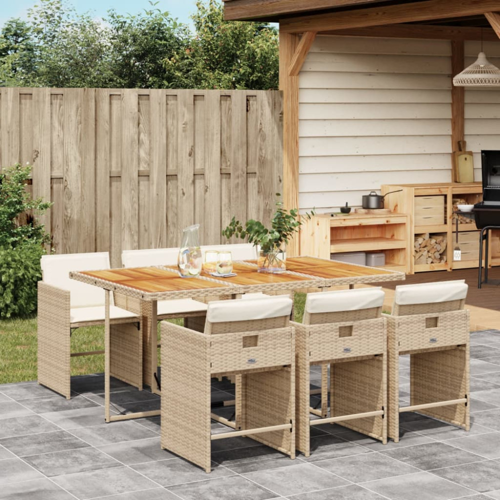 Produktbild för Matgrupp för trädgården med dynor 7 delar beige konstrotting