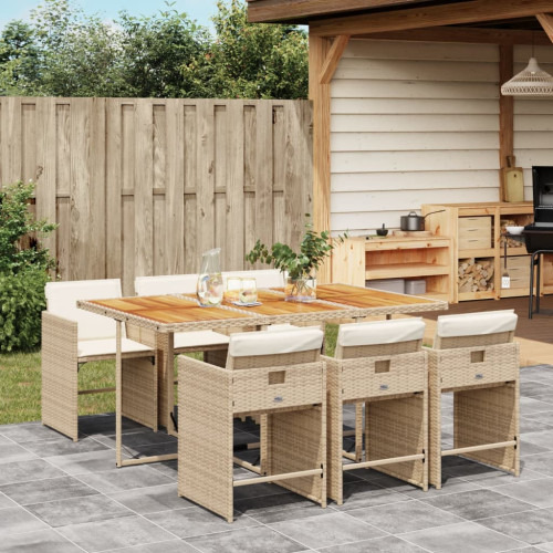 vidaXL Matgrupp för trädgården med dynor 7 delar beige konstrotting