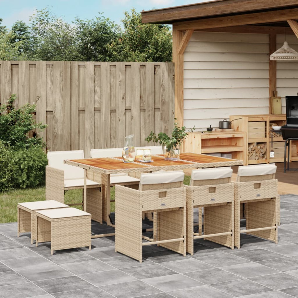 Produktbild för Matgrupp för trädgården med dynor 11 delar beige konstrotting