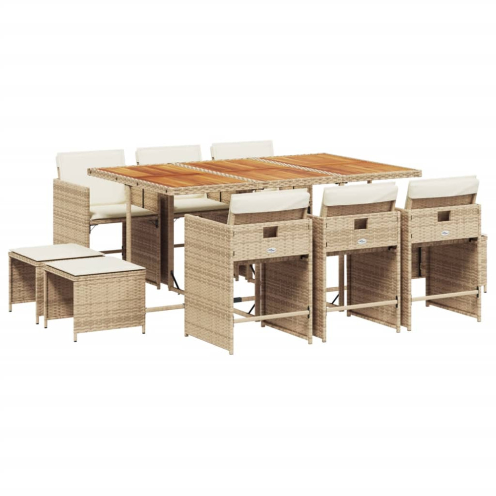 Produktbild för Matgrupp för trädgården med dynor 11 delar beige konstrotting