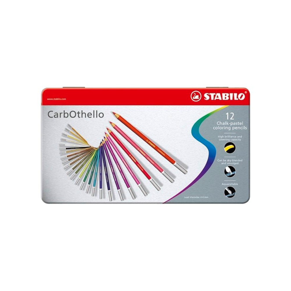 Produktbild för STABILO CarbOthello - färgpenna - ultramarin, lövgrön, preussiskt blå, cyanblå, neutralt svart, cinnoberröd ton, djupt karminröd, djupt engelskt röd, titanvit, neutralt gul, indiangul, blåsa (paket om 12)
