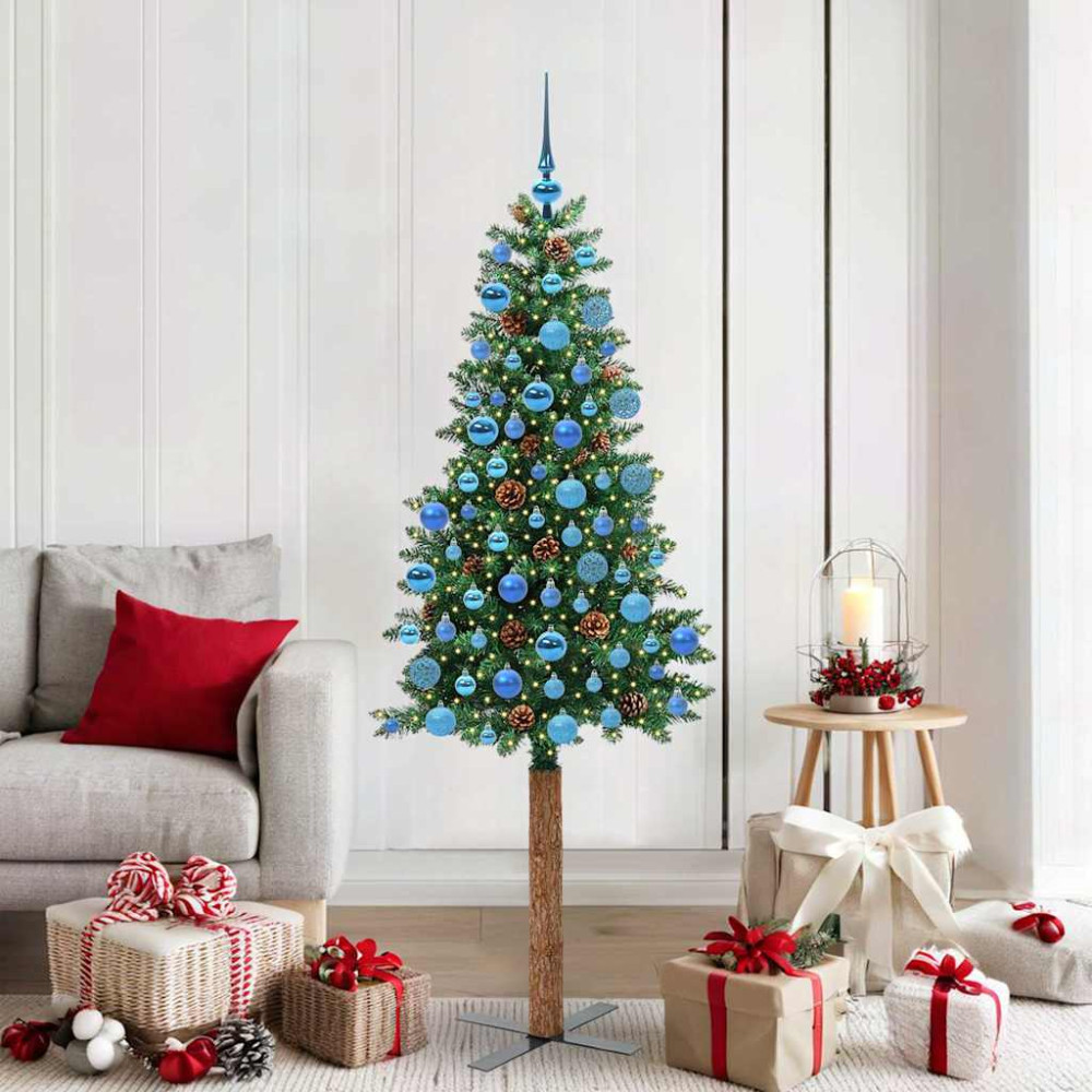 Produktbild för Smal julgran med 300 LED-lampor Grön 180 cm PVC och solid furu