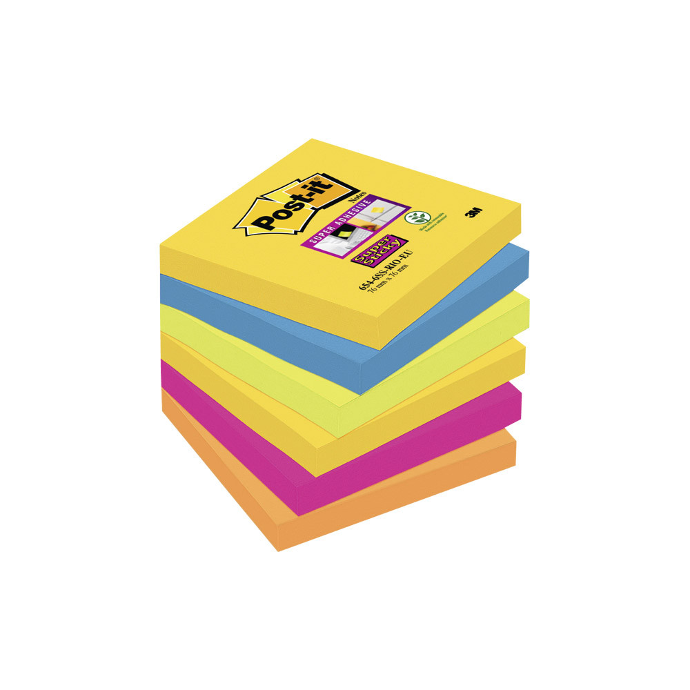 Produktbild för Post-it Super Sticky Rio de Janeiro 654-6SS-RIO-EU - anteckningar - 76 x 76 mm - 540 ark (6 x 90)
