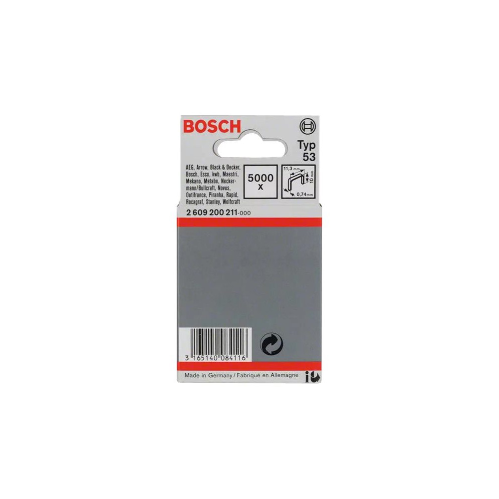 Produktbild för Bosch - klamrar - Typ 53 - 11.4 x 10 x 0.74 mm - paket med 5000