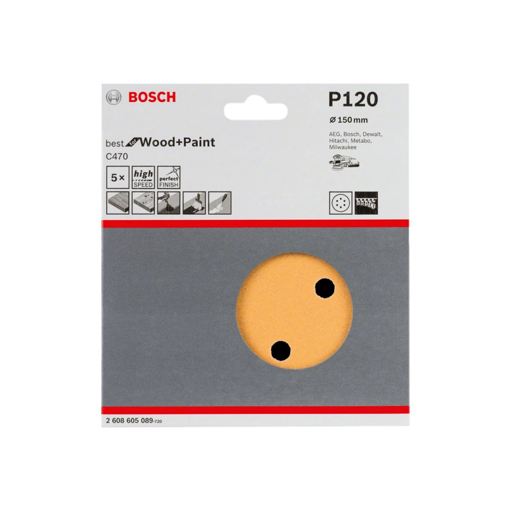 Produktbild för Bosch Best for Wood+Paint C470 - sandpapper - för trä, Corian, målarfärg, fernissa, spackel, rappning, Varicor, synthetic material - 5 delar