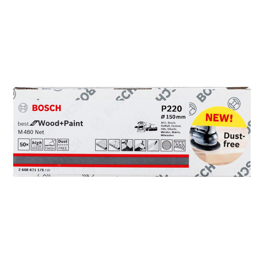 Produktbild för Bosch Best for Wood+Paint M 480 Net - sandpapper - för mjuka träslag, lövträ, gips, lacquer, wood containing resin, wood containing oil (paket om 50)