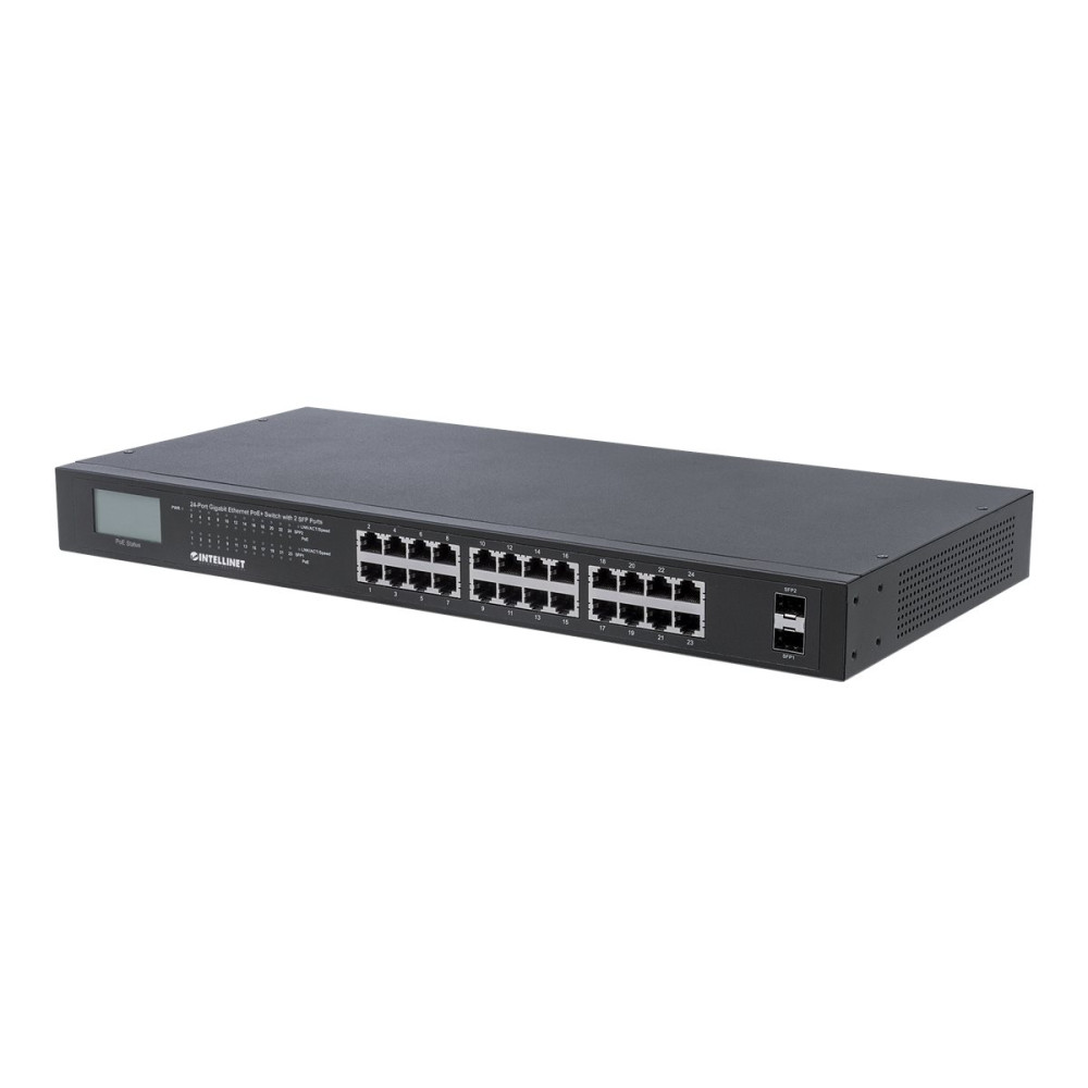 Produktbild för Intellinet 24-Port Gigabit Ethernet PoE+ Switch with 2 SFP Ports, LCD Display, IEEE 802.3at/af Power over Ethernet (PoE+/PoE) Compliant, 370 W, Endspan, 19" Rackmount - switch - 24 portar - ohanterad - rackmonterbar