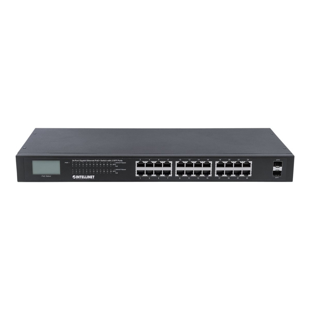Produktbild för Intellinet 24-Port Gigabit Ethernet PoE+ Switch with 2 SFP Ports, LCD Display, IEEE 802.3at/af Power over Ethernet (PoE+/PoE) Compliant, 370 W, Endspan, 19" Rackmount - switch - 24 portar - ohanterad - rackmonterbar