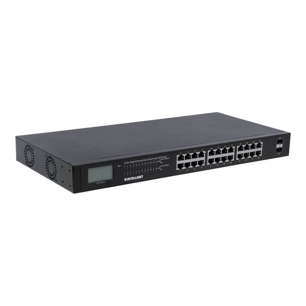 Produktbild för Intellinet 24-Port Gigabit Ethernet PoE+ Switch with 2 SFP Ports, LCD Display, IEEE 802.3at/af Power over Ethernet (PoE+/PoE) Compliant, 370 W, Endspan, 19" Rackmount - switch - 24 portar - ohanterad - rackmonterbar