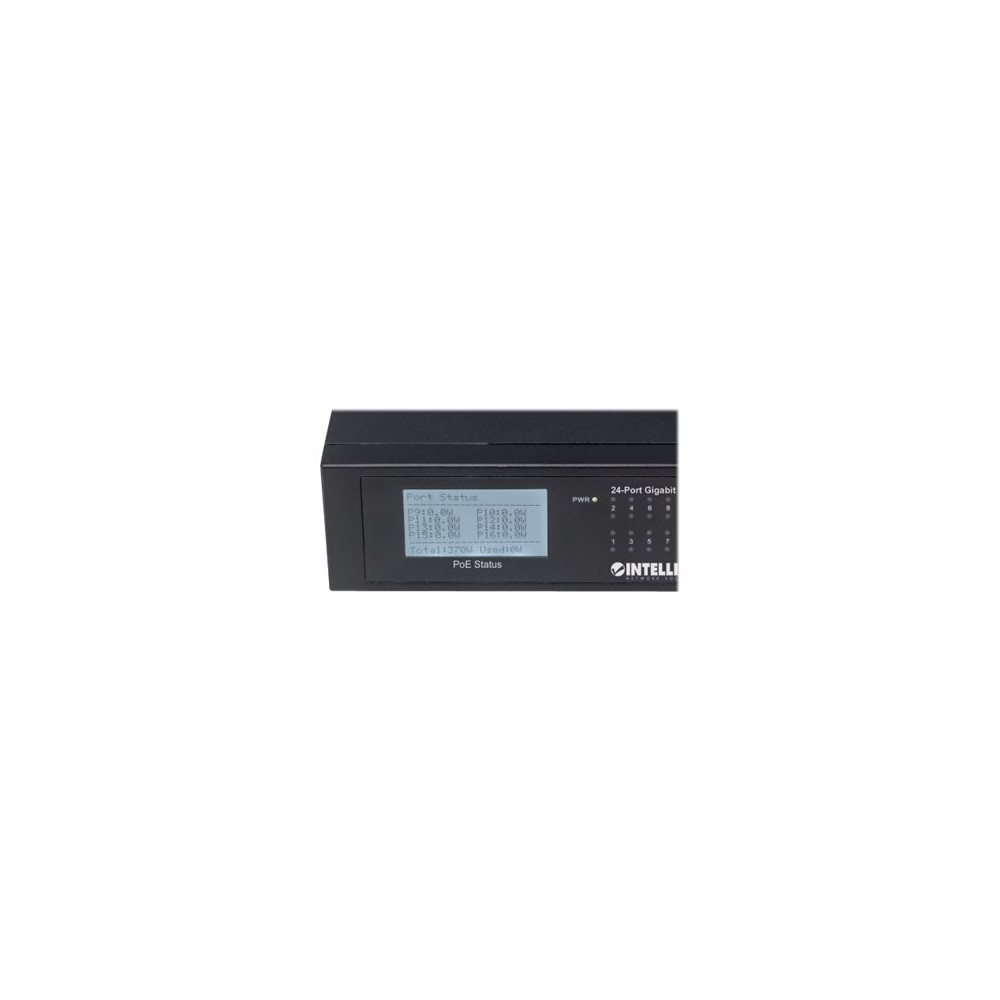 Produktbild för Intellinet 24-Port Gigabit Ethernet PoE+ Switch with 2 SFP Ports, LCD Display, IEEE 802.3at/af Power over Ethernet (PoE+/PoE) Compliant, 370 W, Endspan, 19" Rackmount - switch - 24 portar - ohanterad - rackmonterbar