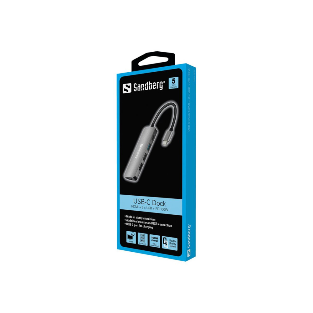 Produktbild för Sandberg USB-C Dock HDMI+3xUSB+PD 100W - dockningsstation - USB-C - HDMI