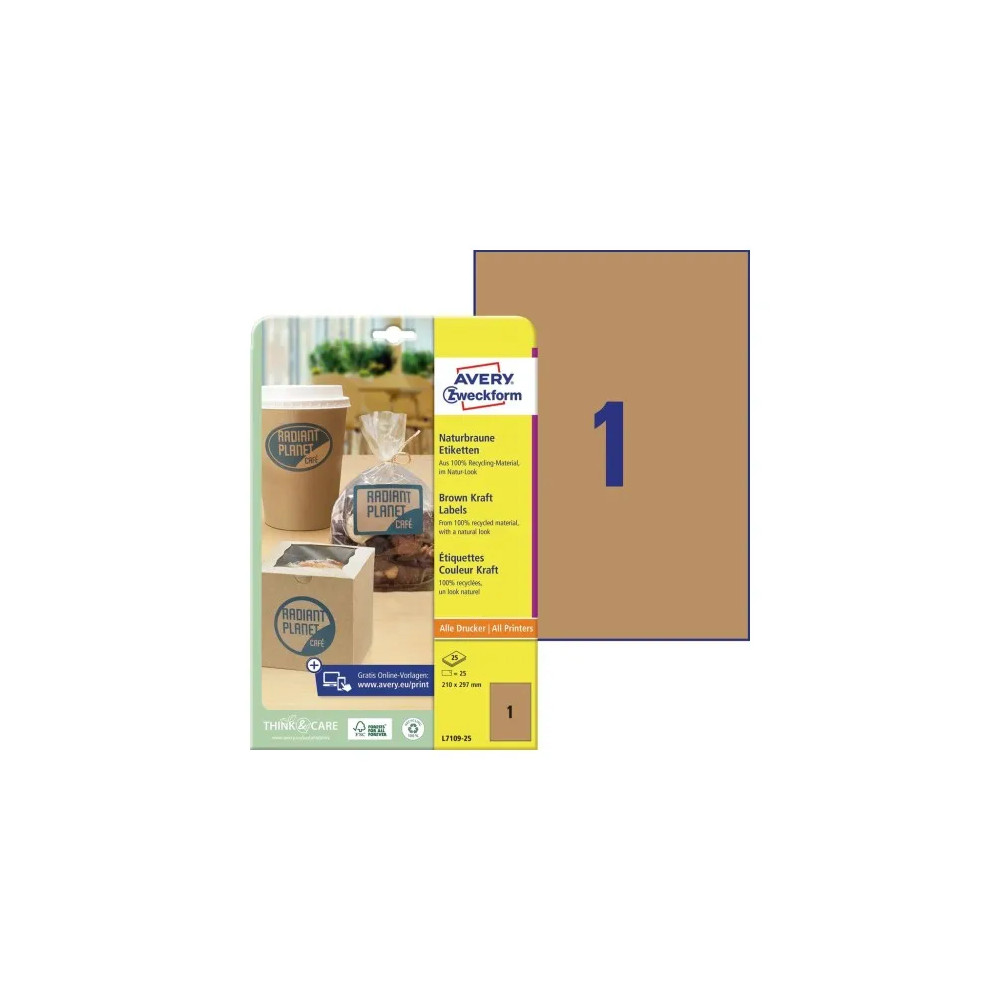 Produktbild för AVERY Zweckform naturbruna etiketter 210 x 297 mm kraftpappe...