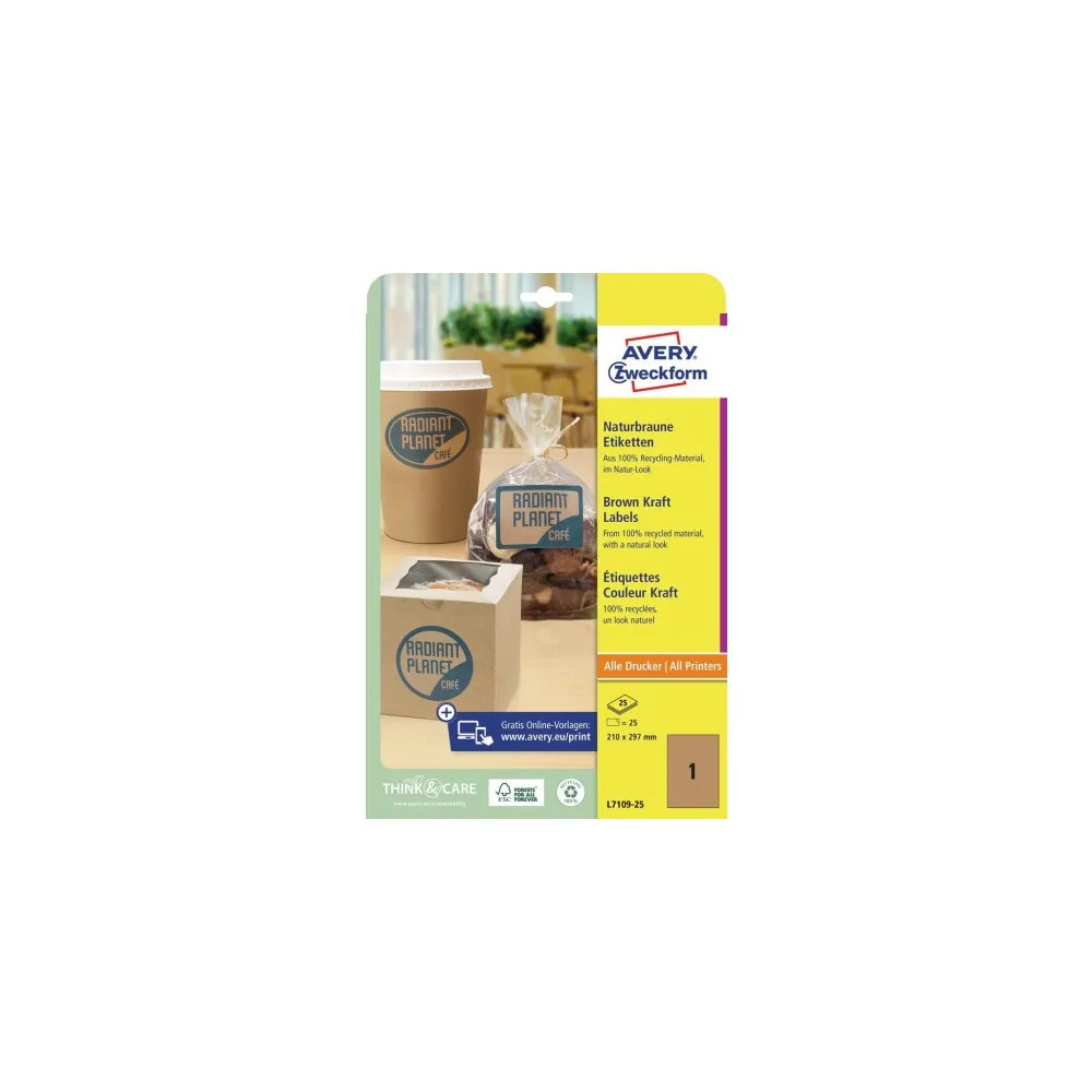 Produktbild för AVERY Zweckform naturbruna etiketter 210 x 297 mm kraftpappe...