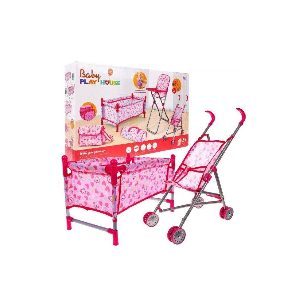 Produktbild för Tillbehörsset för babydockor 3+ Babyvård + Barnvagn + Matsto...