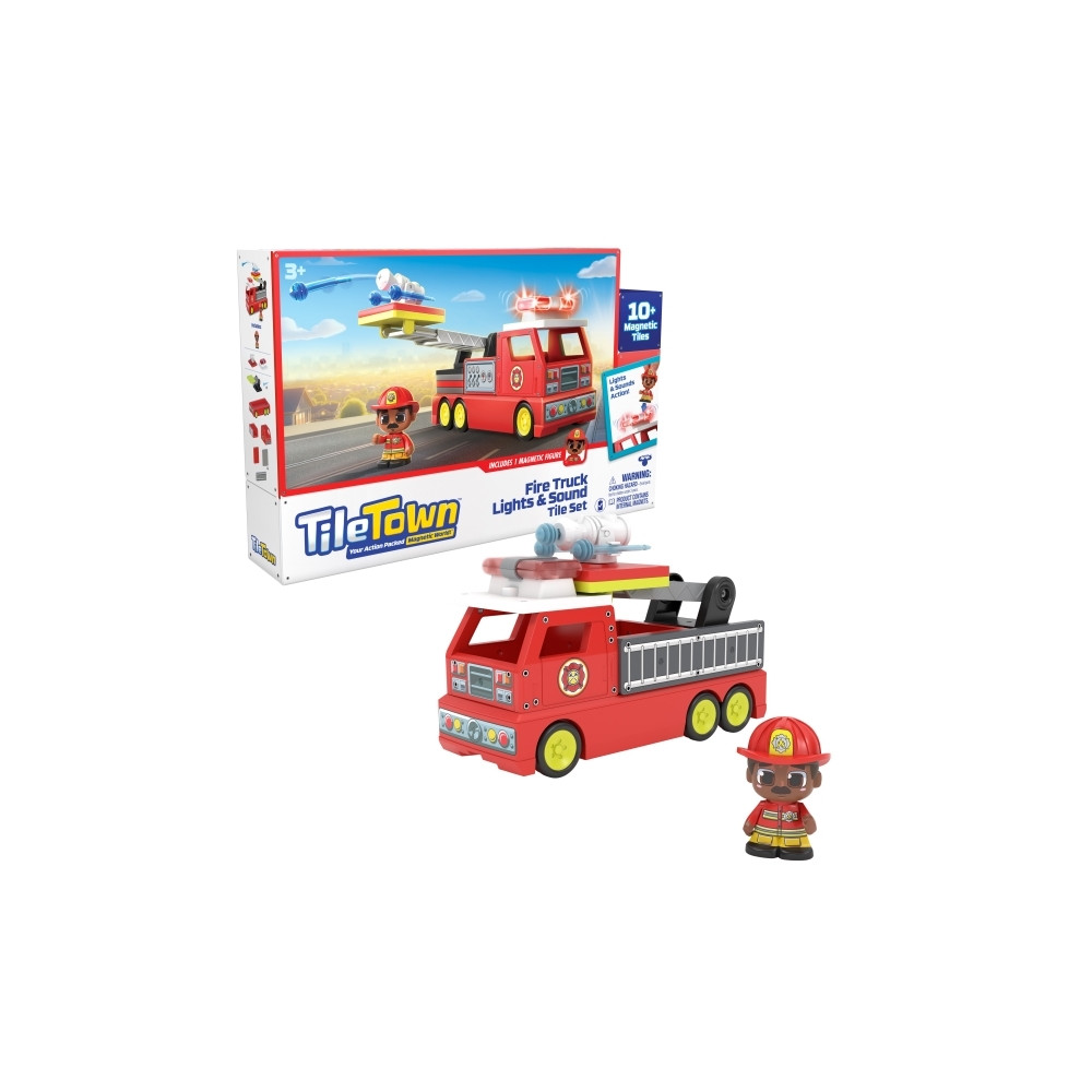 Produktbild för Tile Town Brandbil, Magnetiskt Bygg Lekset med Ljus och Ljud...