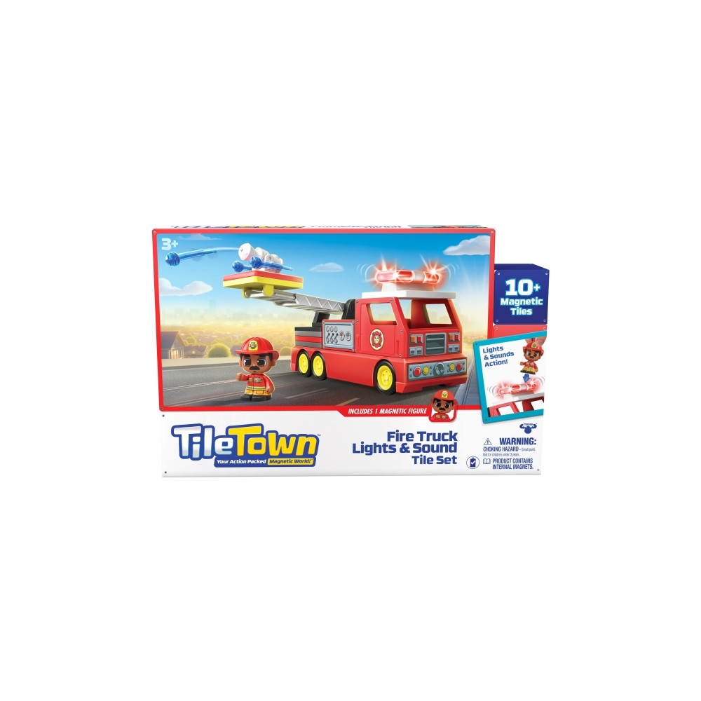 Produktbild för Tile Town Brandbil, Magnetiskt Bygg Lekset med Ljus och Ljud...