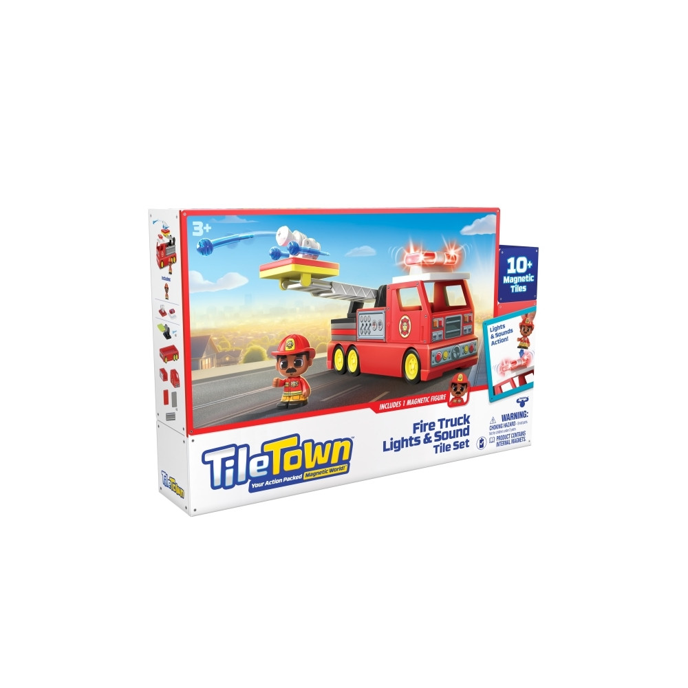 Produktbild för Tile Town Brandbil, Magnetiskt Bygg Lekset med Ljus och Ljud...