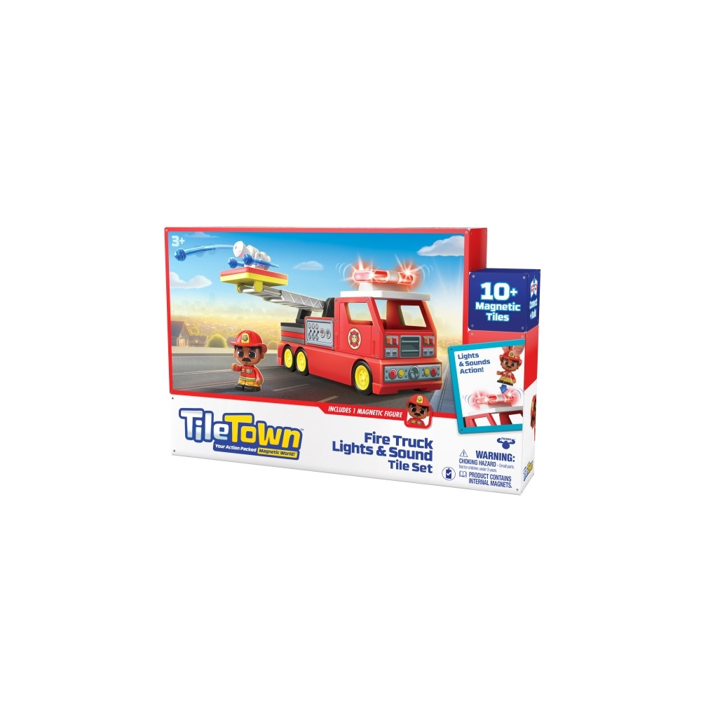 Produktbild för Tile Town Brandbil, Magnetiskt Bygg Lekset med Ljus och Ljud...