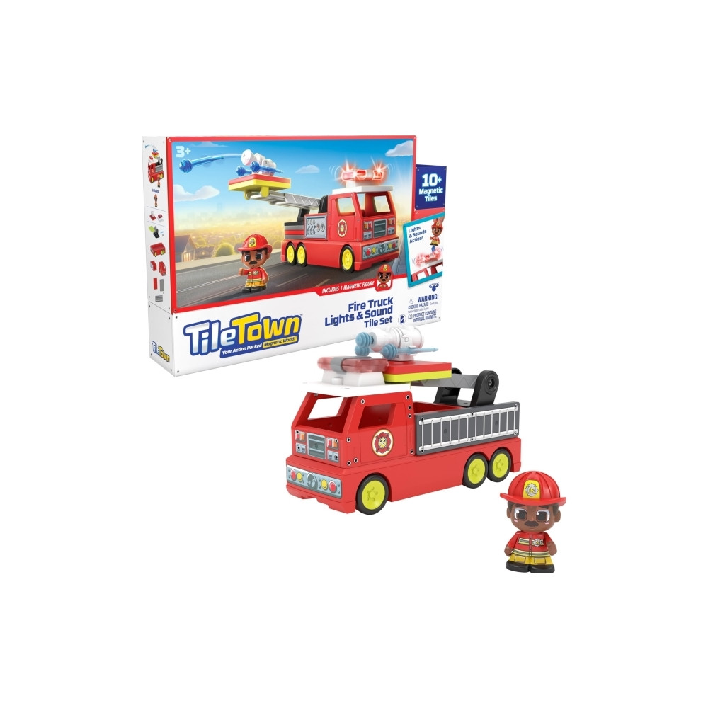 Produktbild för Tile Town Brandbil, Magnetiskt Bygg Lekset med Ljus och Ljud...