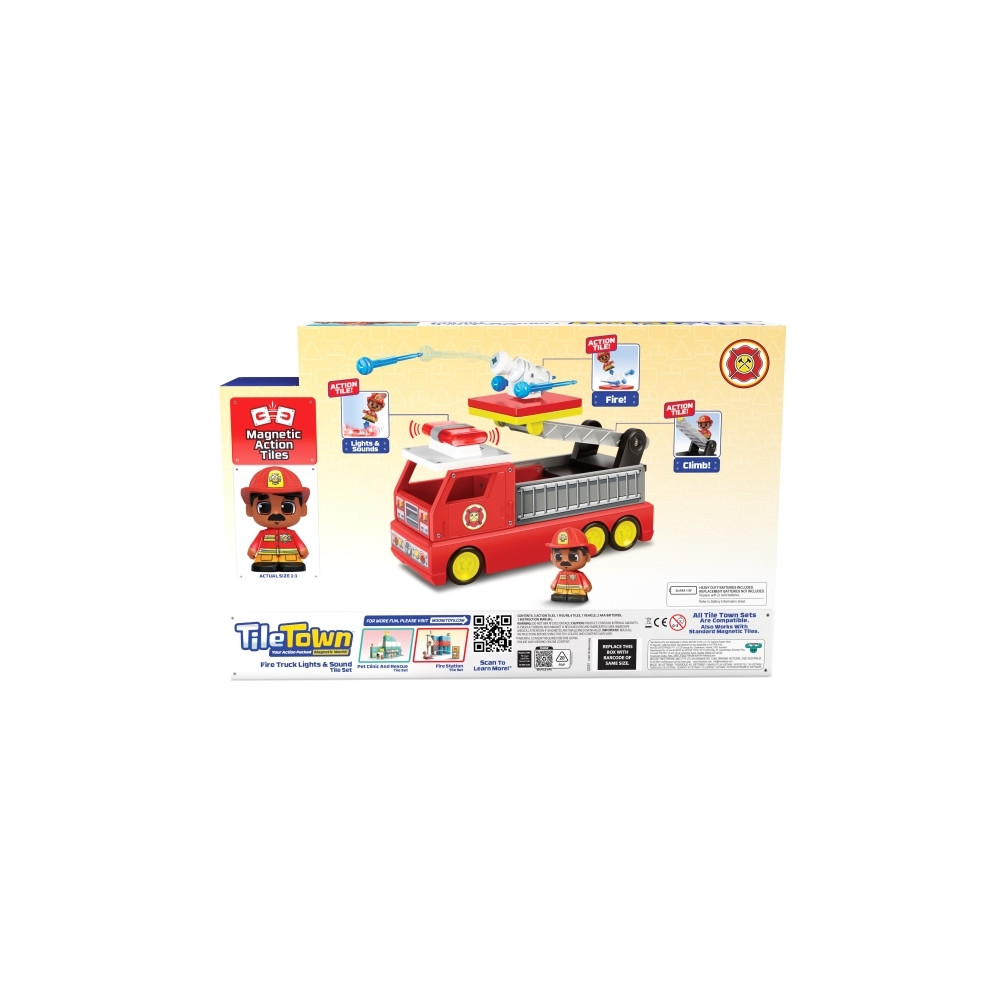 Produktbild för Tile Town Brandbil, Magnetiskt Bygg Lekset med Ljus och Ljud...
