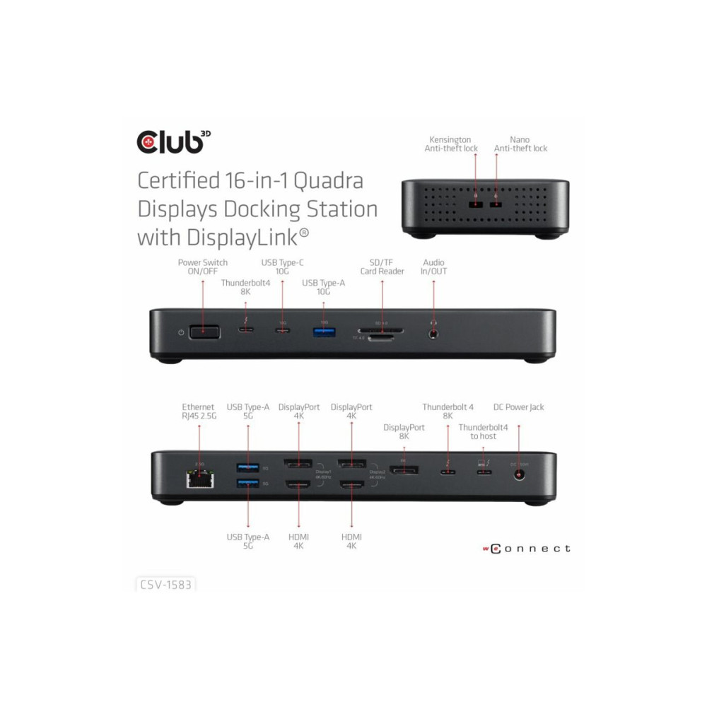 Produktbild för Club 3D 16-in-1 - dockningsstation - USB-C / USB4 / Thunderbolt 3 / Thunderbolt 4 - 2 x Thunderbolt 4, 3 x DP, 2 x HDMI - 2.5GbE