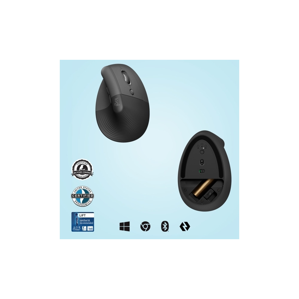 Produktbild för Logitech Lift Vertical Ergonomic Mouse - vertikal mus - Bluetooth, 2.4 GHz - grafit