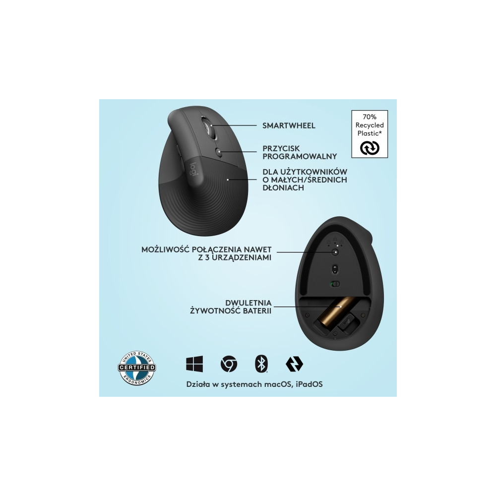 Produktbild för Logitech Lift Vertical Ergonomic Mouse - vertikal mus - Bluetooth, 2.4 GHz - grafit