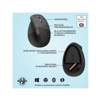 Produktbild för Logitech Lift Vertical Ergonomic Mouse - vertikal mus - Bluetooth, 2.4 GHz - grafit