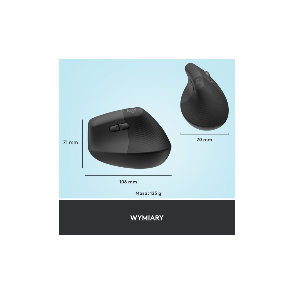 Produktbild för Logitech Lift Vertical Ergonomic Mouse - vertikal mus - Bluetooth, 2.4 GHz - grafit
