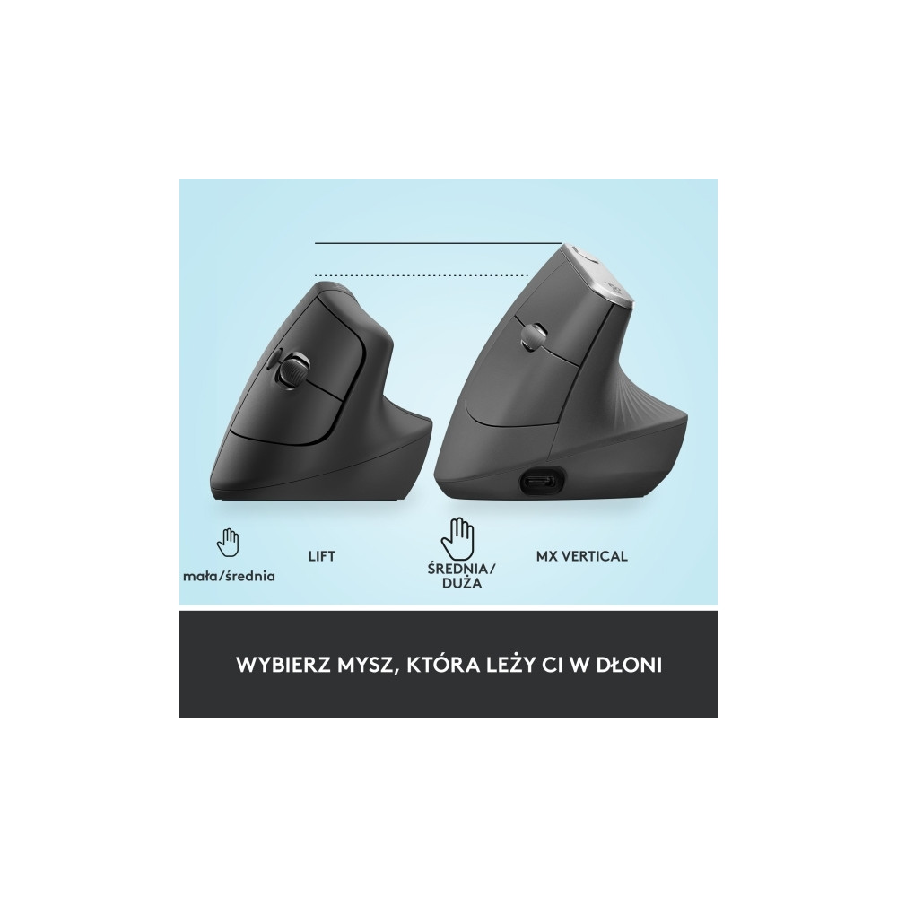 Produktbild för Logitech Lift Vertical Ergonomic Mouse - vertikal mus - Bluetooth, 2.4 GHz - grafit