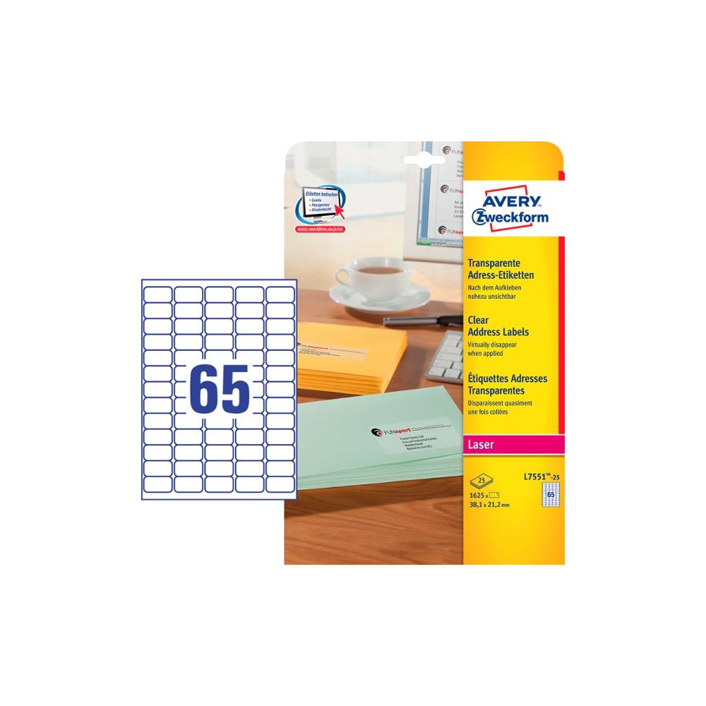 Produktbild för Etiketter Avery L7551 transparent 38,1x21,2 (låda med 1625 s...