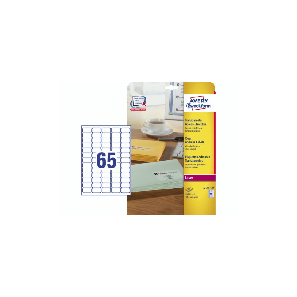 Produktbild för Etiketter Avery L7551 transparent 38,1x21,2 (låda med 1625 s...