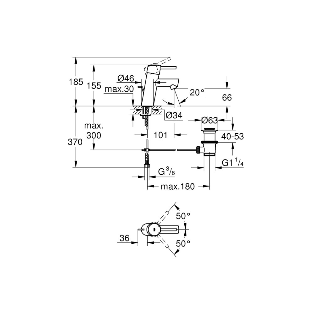 Produktbild för GROHE Concetto tvättställsarmatur med spak och 1 1/4" botten...